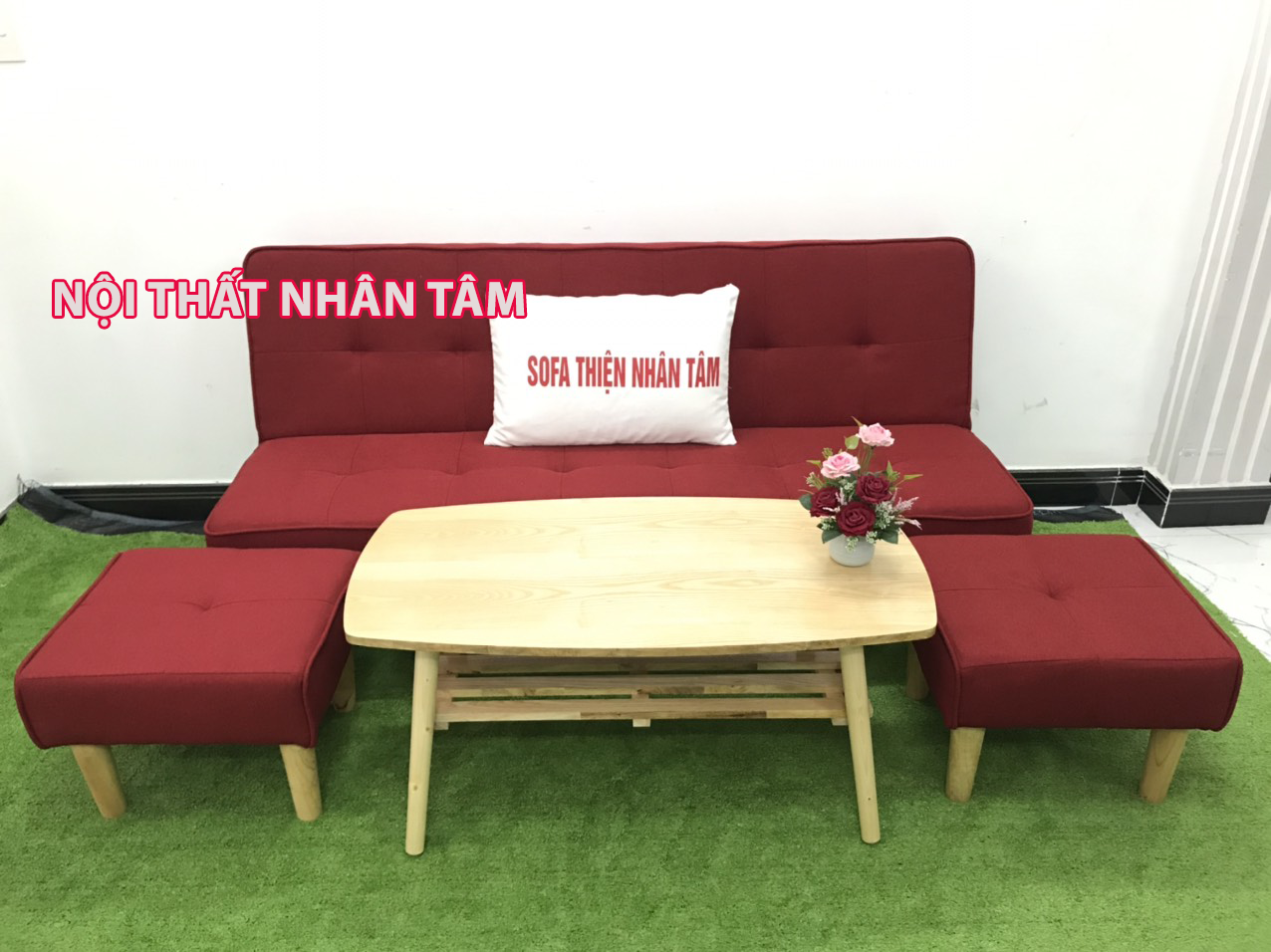 Bộ sofa bed sofa giường đa năng màu đỏ mận chín bàn chữ nhật gỗ cao su phòng khách salon chung cư