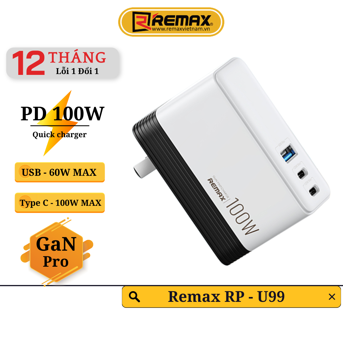 Củ sạc nhanh 3 cổng 100w remax rp-u99 - sạc đa năng cùng lúc 3 thiết bị - hàng chính hãng remax- bảo hành 12 tháng