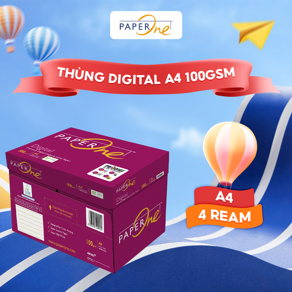Thùng 4 ream giấy in A4 PaperOne Digital 100gsm - Giấy định lượng cao cho máy in laser, in phun