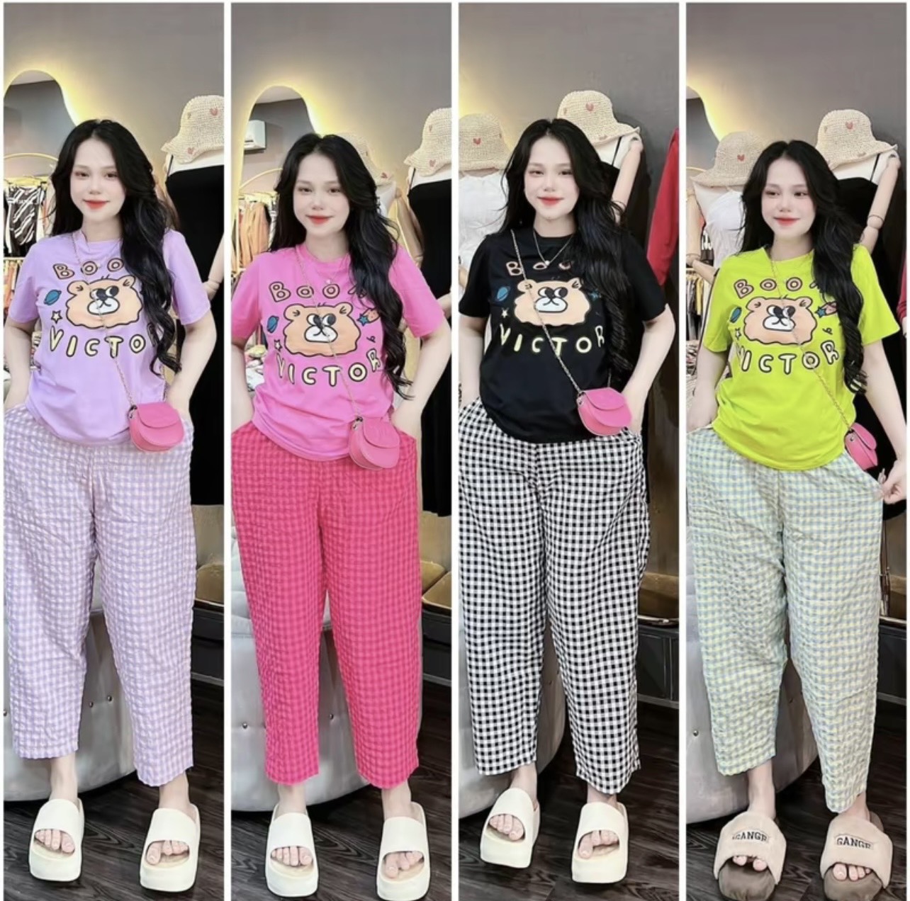 Đồ bộ nữ, đồ mặc nhà, set bộ bigsize nữ in gấu boom quần baggy caro xinh