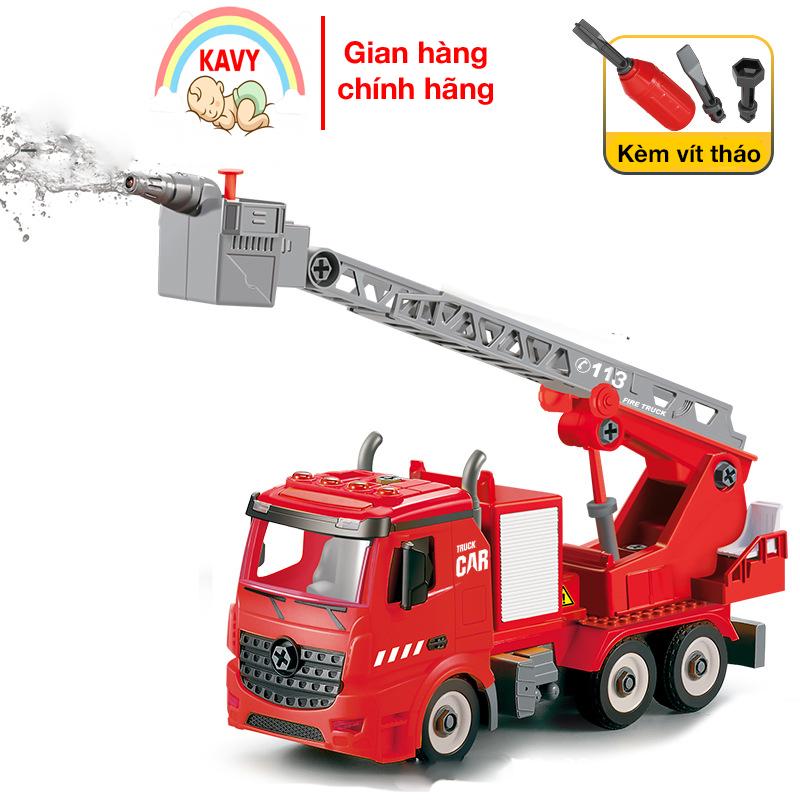 Xe cứu hỏa đồ chơi trong phòng mô hình lắp ghép có âm thanh và ánh sáng loại thang trượt phun nước, đẹp và bền bỉ-KAVY