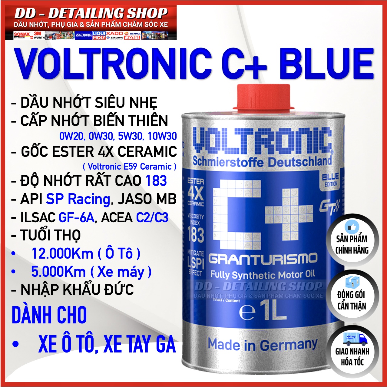Voltronic c+ blue nhớt biến thiên ester 4x ceramic granturismo fully synthetic api sp 1 lít cấp nhớt 0w20 - 10w30 nhớt voltronic cho xe từ cấp nhớt 0w20, 0w30, 5w30, 10w30