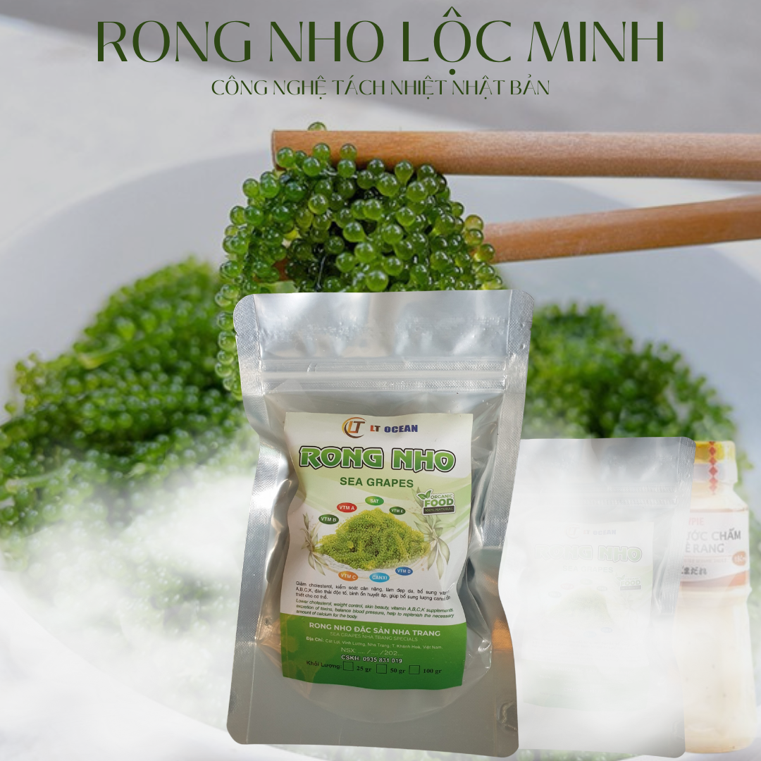 Rong nho tách nước, rong nho biển, rong nho OCEAN FOOD79, mua 1 gói 100g nở ra 300g tươi tặng thêm 1 chai sốt mè rang 180ml ăn ngon, giòn, giảm cân, Không đường, ít béo