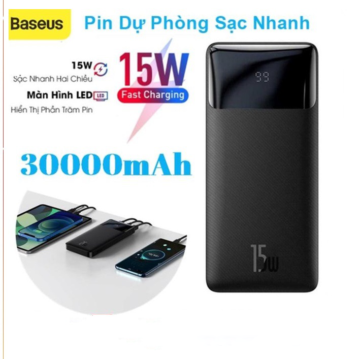 Pin sạc dự phòng 30000mah, sạc nhanh 2 chiều 15w baseus, đèn led hiển thị, cảm biến nhiệt độ