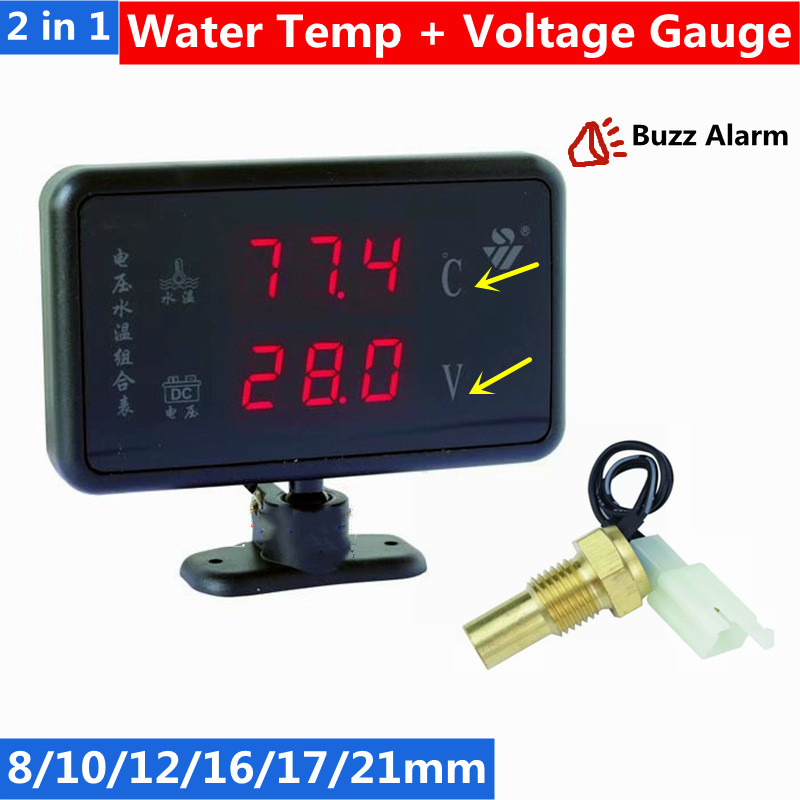 2in 1 12v 24v đồng hồ báo nhiệt độ nước ô tô lcd hiển thị kỹ thuật số đồng hồ đo nhiệt độ nước đồng hồ đo nước nhiệt độ & điện áp xe hơi buzz báo động với cảm biến 8/10/12/14/16/17/21mm