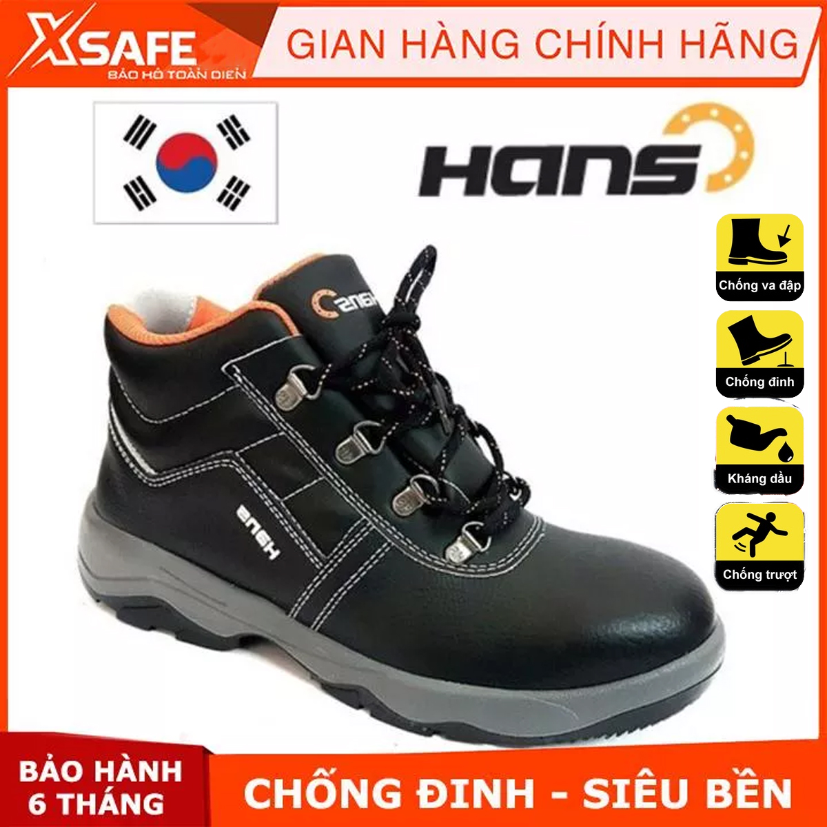 Giày bảo hộ lao động Hans HS55 da bò thật, chống nước, chống đinh, va đập, trơn trượt, thiết kế nhẹ và bền bỉ, Giày công trình, giày cổ cao, giày dép bảo hộ chính hãng, giày bảo hộ