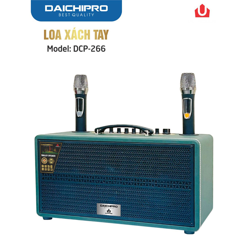 Loa kéo karaoke bluetooth Daichipro DCP-266 xách tay di động - Hàng nhập khẩu chính hãng - Bảo hành 12 tháng - Công suất 60W tặng kèm bộ 2 mic UHF không dây