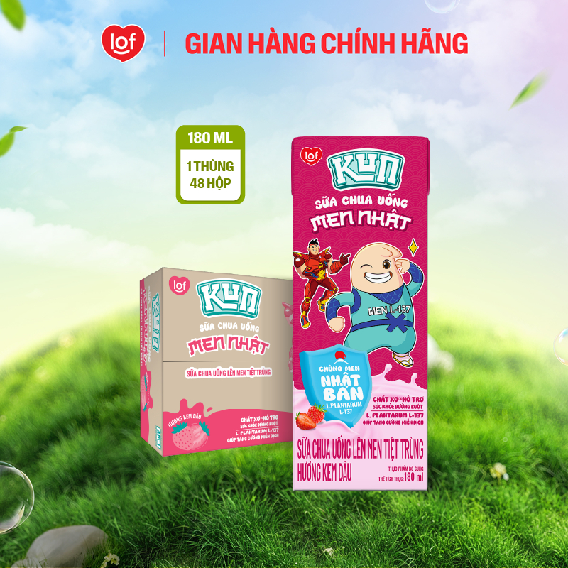 Sữa chua uống KUN vị kem dâu thùng 48 hộp x 180ml (Có thể nhận bao bì cũ/mới)