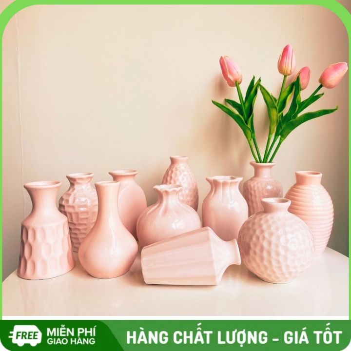 Lọ Hoa mini để bàn Sole Home chất liệu gốm sứ Bát Tràng gam màu hồng pastel chiều cao từ 10 - 14cm thích hợp trang trí nhà cửa văn phòng bàn làm việc