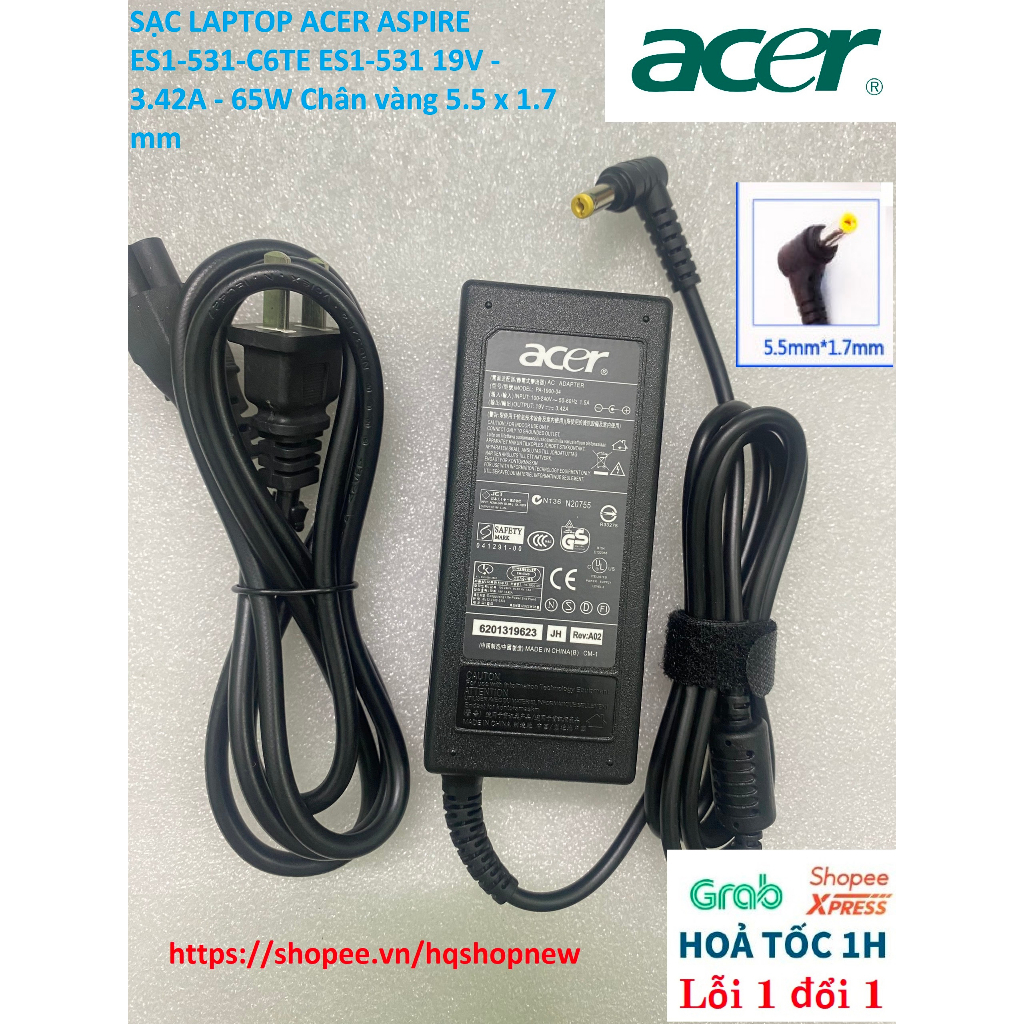 ️[Sạc zin] SẠC LAPTOP ACER ASPIRE ES1-531-C6TE ES1-531 19V - 3.42A - 65W Chân vàng 5.5 x 1.7 mm