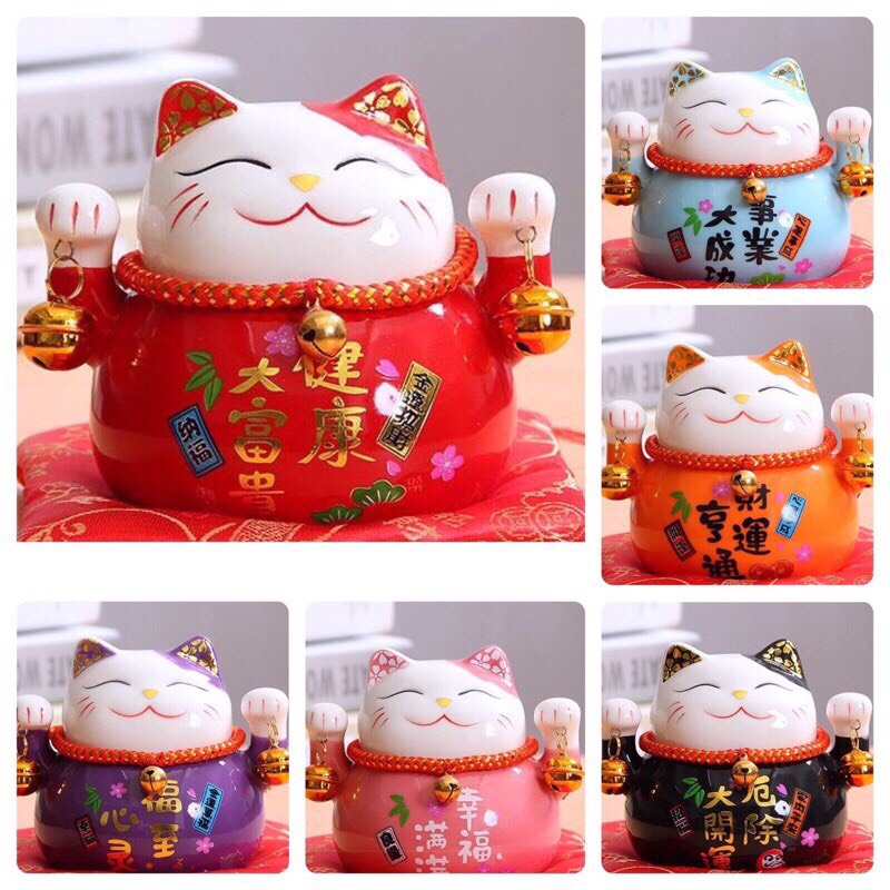 Mèo thần tài may mắn Maneki Neko kèm đệm cao 10cm (6 màu)