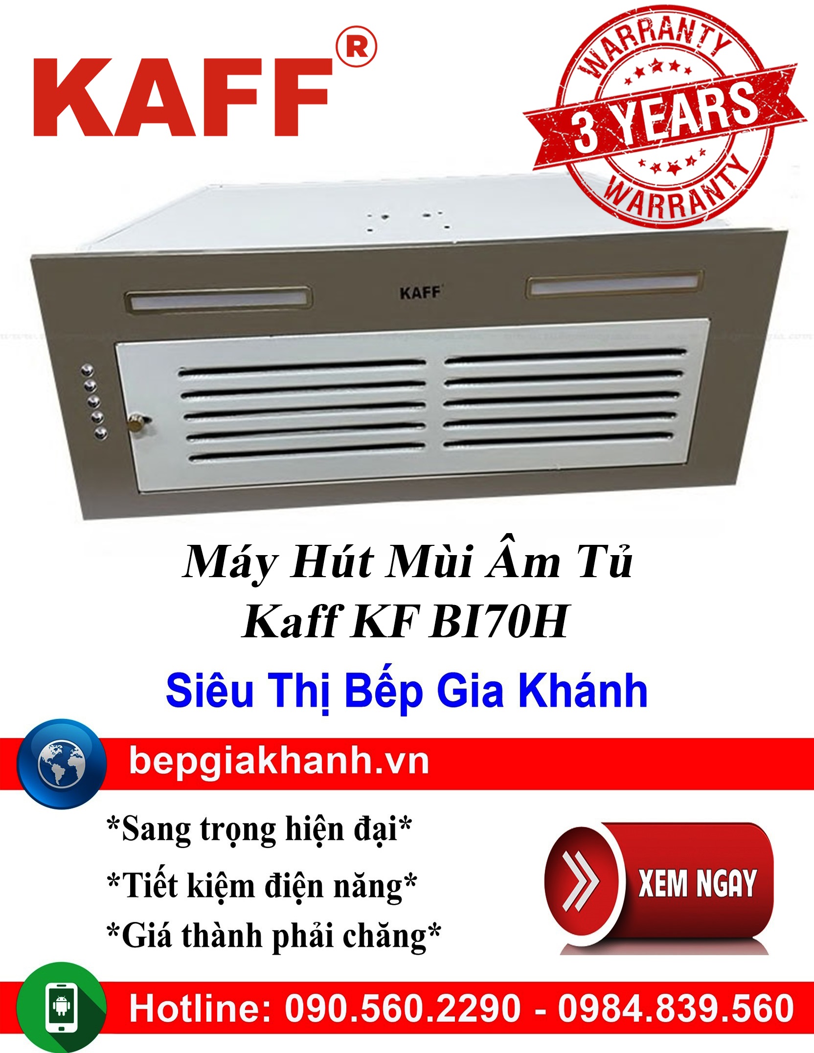 [HCM]Máy hút mùi lắp âm tủ toàn phần Kaff KF BI70H, máy hút mùi nhà bếp, máy hút mùi bếp, máy hút mù