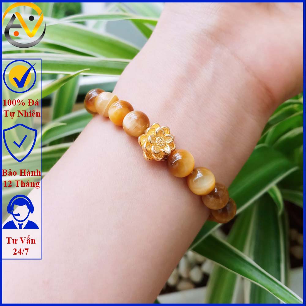 Vòng tay phong thủy nam nữ - Vòng đá mắt hổ vàng nâu nhạt hoa sen vàng - May mắn tài lộc - Vòng đá phong thủy cho mệnh kim thổ