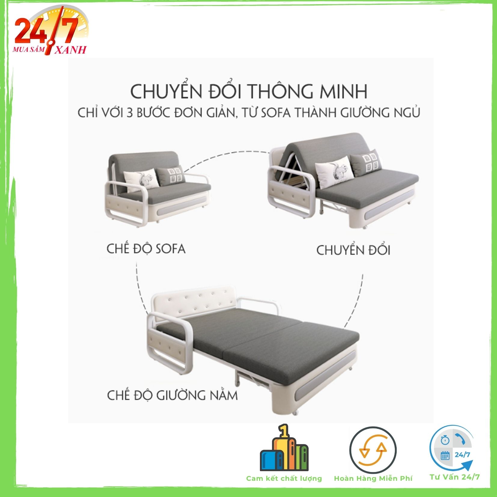 Sofa Giường gấp gọn thông minh, Giường Sofa đa năng, khung hợp kim cao cấp, có ngăn chứa đồ (tặng kèm 2 gối ôm) KT:120x193cm