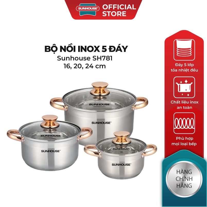 Bộ nồi inox 5 đáy Sunhouse SH781 - gồm 3 nồi với đường kính 16cm-20cm-24cm - Đáy từ dùng mọi loại 