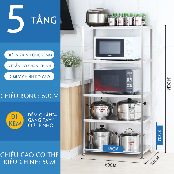 {HÀNG CHÍNH HÃNG} Giá kệ Inox 304 để đồ đa năng 5 tầng, giá kệ để lò vi sóng, lò nướng nồi cơm, giá kệ đa năng để sách vở đồ dùng văn phòng, giá kệ để cây