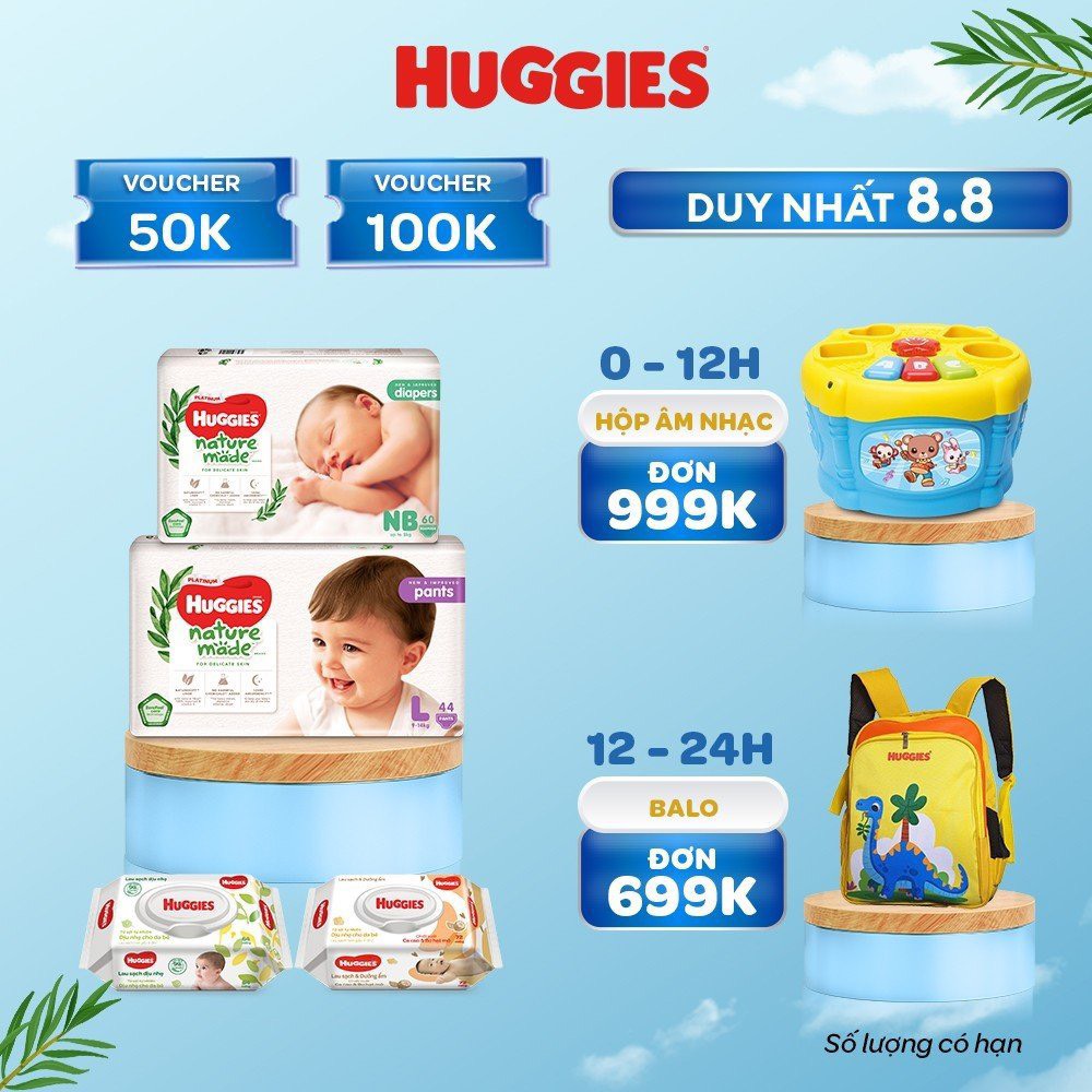 [ĐH 699k tặng 1 ba lô]Tã Dán cao cấp Huggies Platinum Nature Made (M64, XL44)