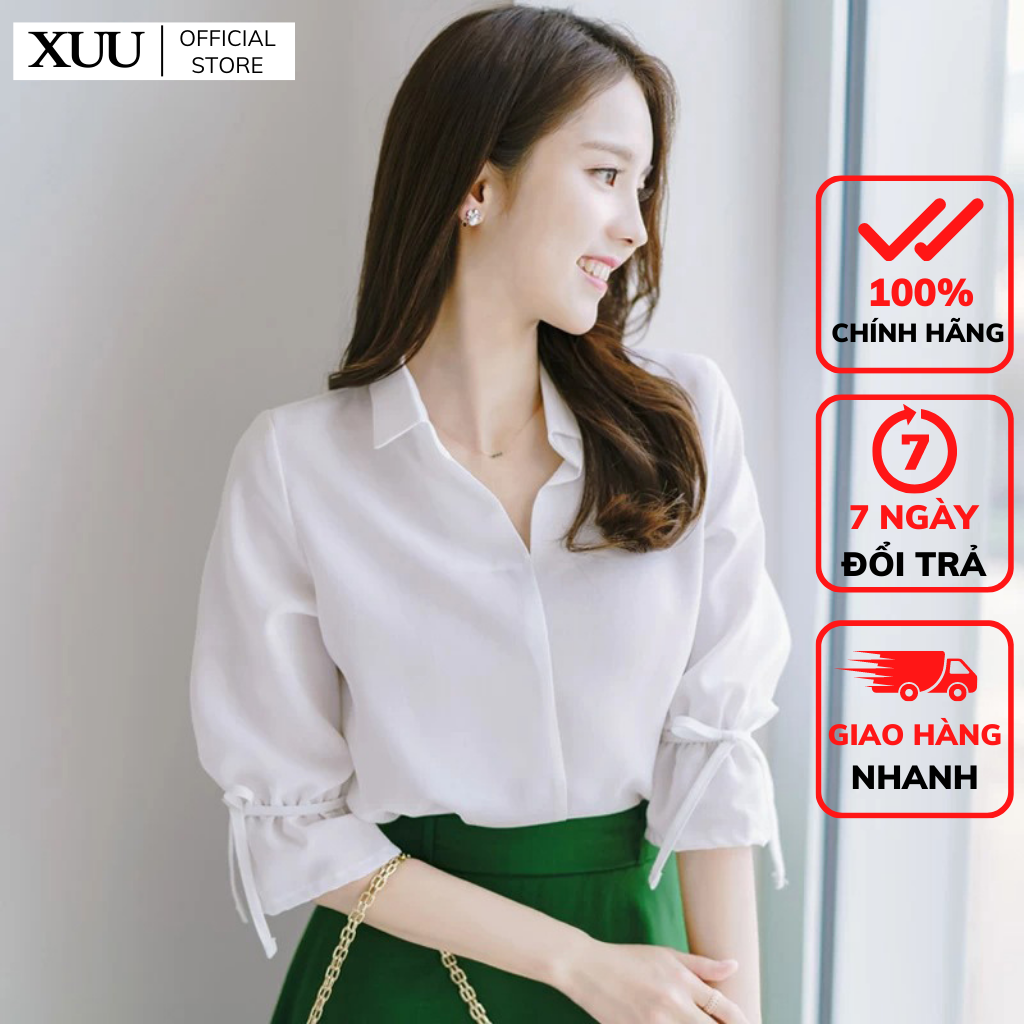 Áo sơ mi nữ trắng thắt tay nơ Xuu Design, Áo kiểu nữ chất vải Lụa mềm mịn thoải mái SK13