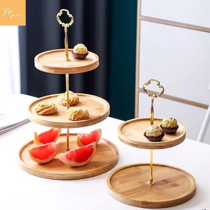 Khay gỗ tròn 2 tầng, 3 tầng để bánh kẹo hoa quả, trang trí phòng khách