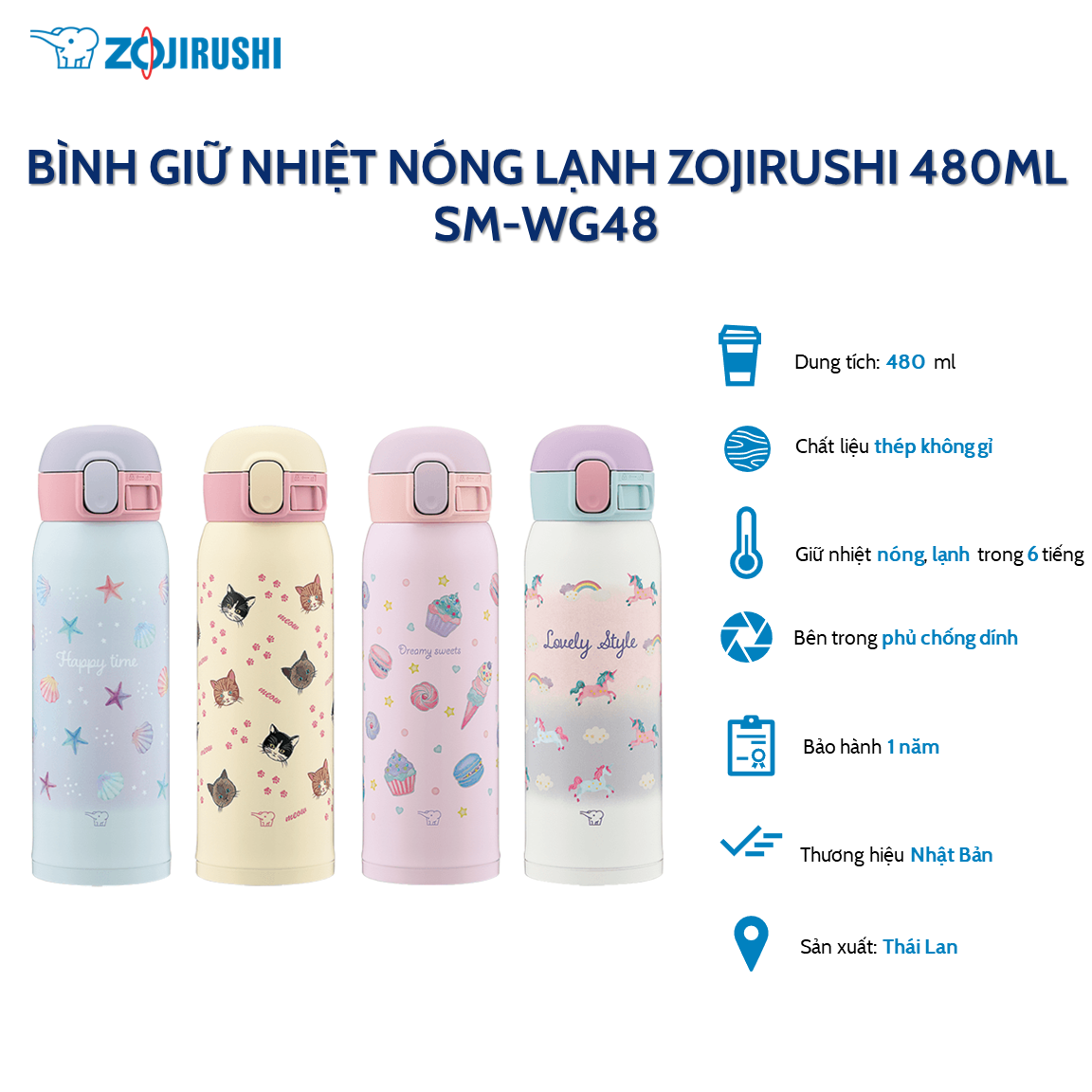 Bình giữ nhiệt lưỡng tính Zojirushi SM-WG48, dung tích 0.48L, bảo hành giữ nhiệt 1 năm chính hãng