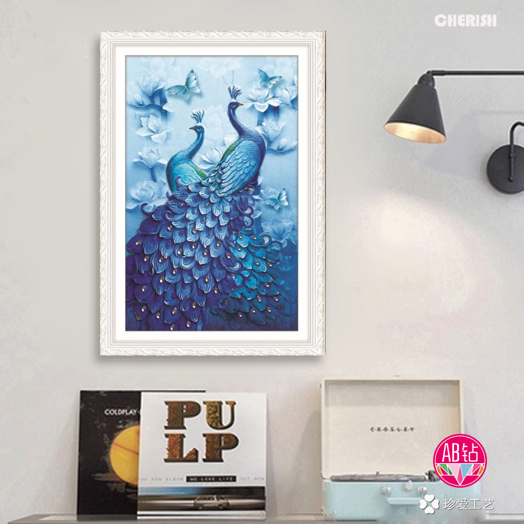 Tranh thêu chữ thập đôi chim công chưa thêu 3d 53585 kt:50x70 cm