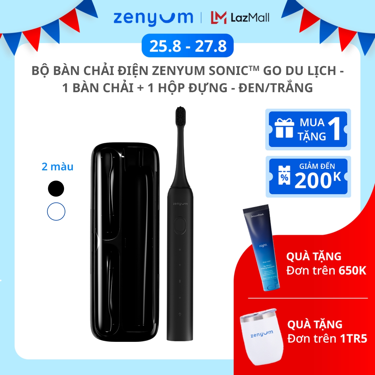 Bộ bàn chải điện zenyum sonic go du lịch - 1 bàn chải + 1 hộp đựng - đen/trắng