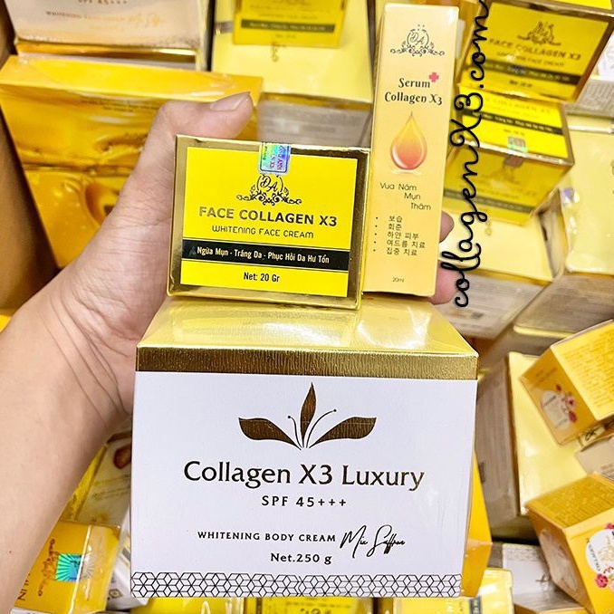 Combo Face Collagen X3 + Serum X3 + Kem body Collagen X3 - Kem dưỡng trắng da toàn thân, kem dưỡng trắng body và mặt, giúp da trắng bật tone, cấp ẩm cho da giúp da luôn tươi trẻ mịn màng
