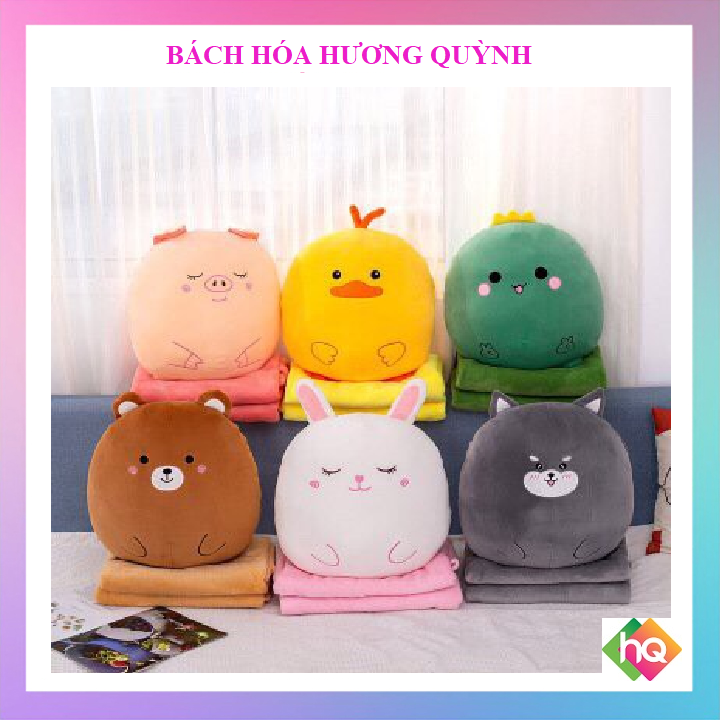 Chăn gối văn phòng gấu béo thỏ, cún, heo, vịt hương quỳnh 316 siêu đáng yêu 3in1. gấu bông đẹp-chất liệu vải nhung co giãn 4 chiều-kích thước gối 40x35cm chăn mền 1m1x1m6