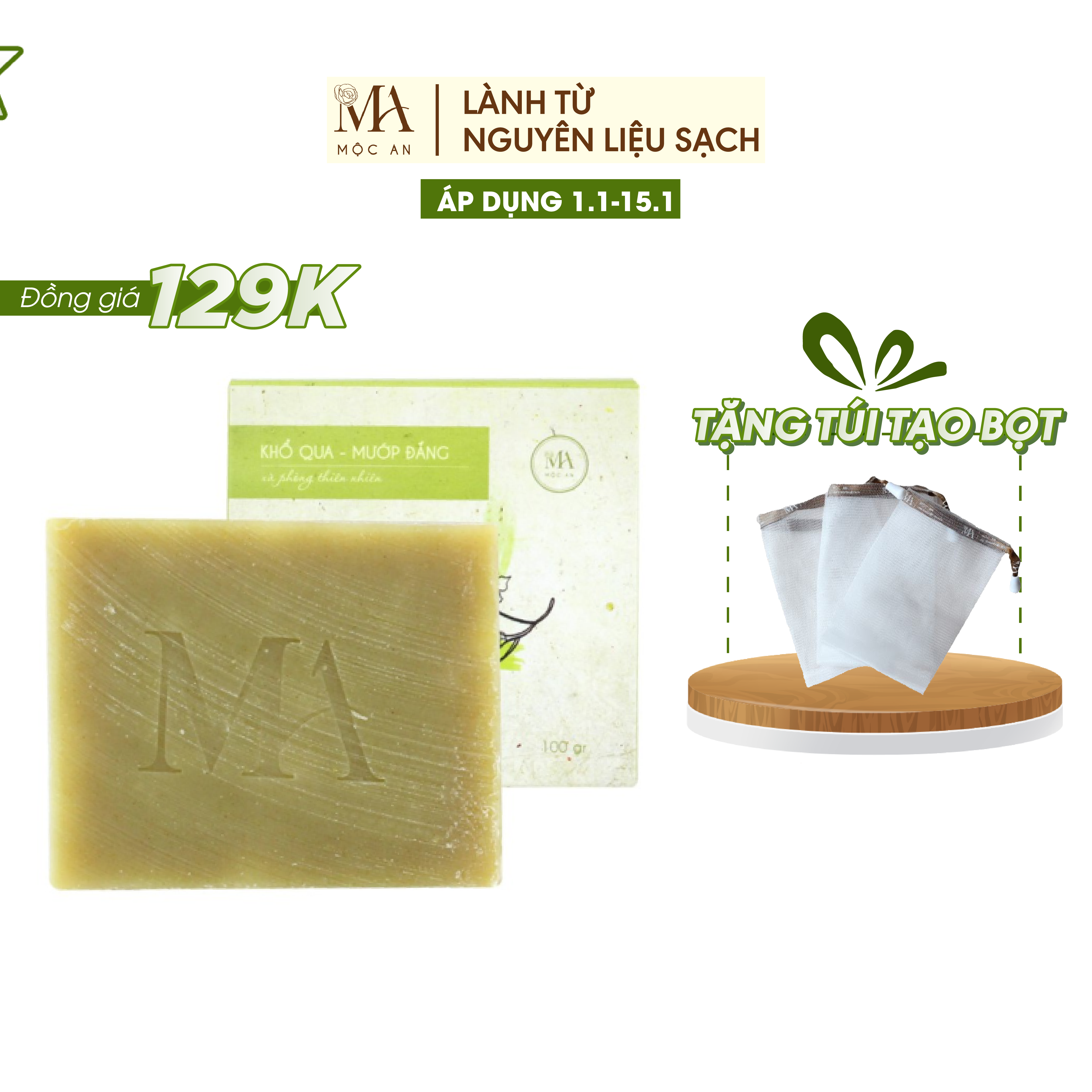 Xà bông thiên nhiên mộc an khổ qua chăm sóc face & body- giảm mụn, rôm sảy handmade 100g