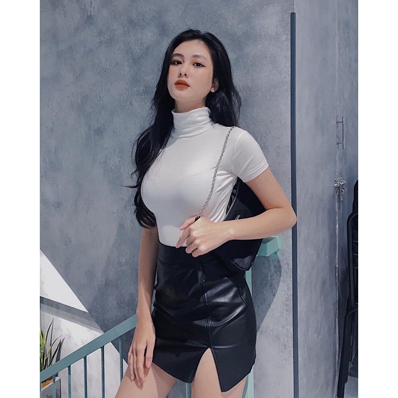 Áo Croptop Cổ Lọ Tay Ngắn Thun Gân Xịn Mịn