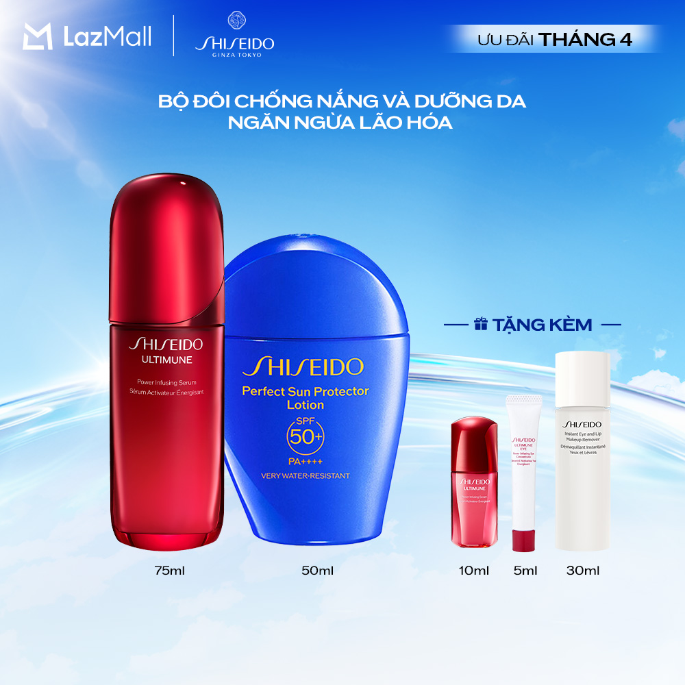 Combo Tinh chất dưỡng da Ultimune 4.0 Serum 75ml và Sữa chống nắng dưỡng da Shiseido GSC Perfect Sun Protector Lotion SPF50+ 50ml
