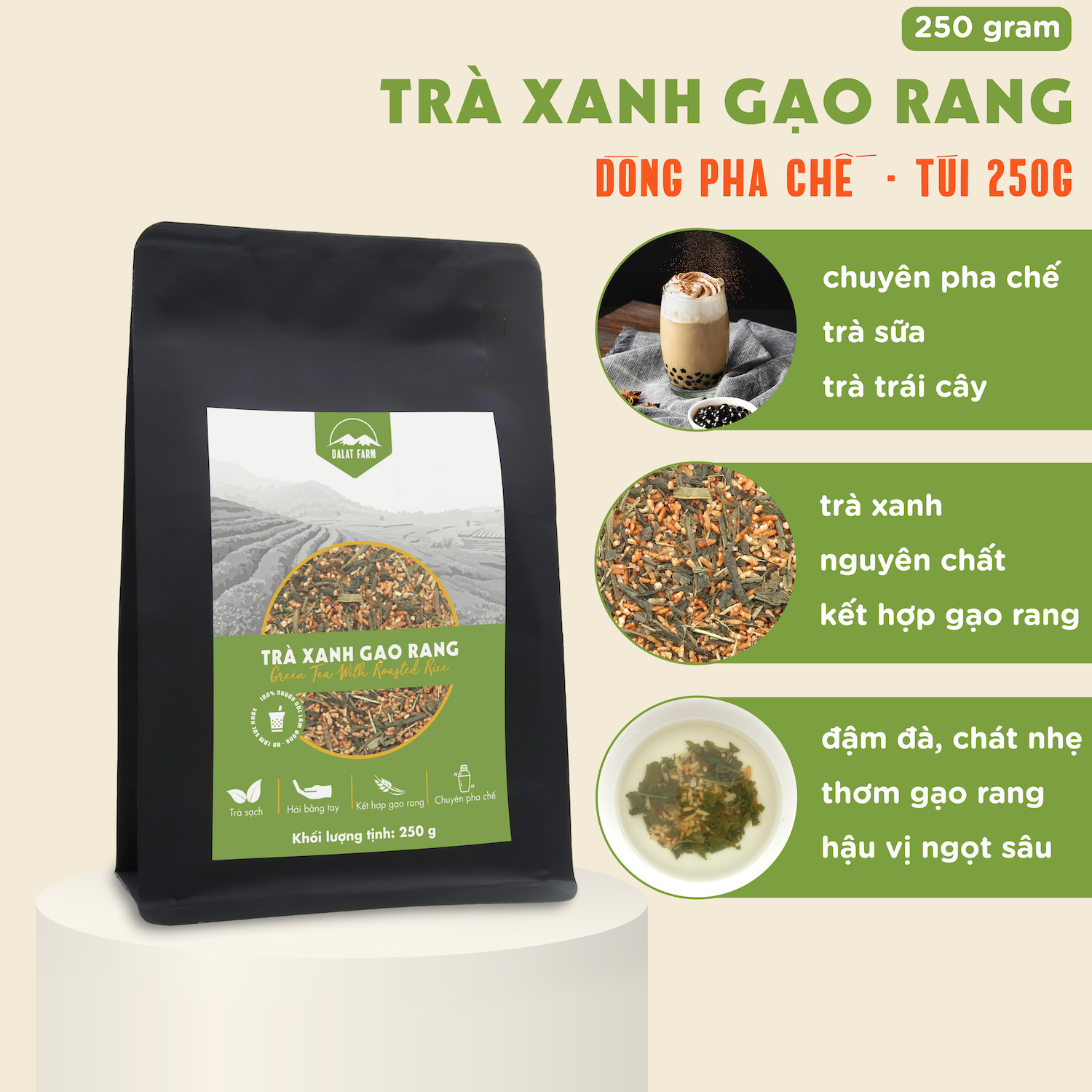  Trà Xanh Gạo Rang DalatFarm - Túi 250g 