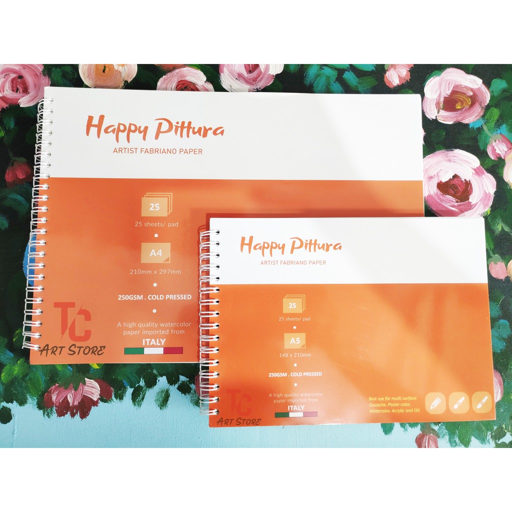 Sổ vẽ màu nước happy pittura a5/a4/a3 – sổ lò xo 25 tờ
