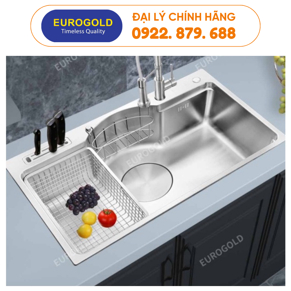 Chậu rửa bát 1 hố Bồn rửa chén bát kèm chỗ để dao Eurogold EUD37848