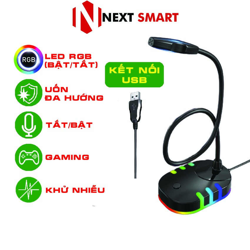 Micro thu âm NEXT SMART NM5 mic chống ồn chống nhiễu gaming led RGB - Dùng để livestream học online họp online ghi âm - Có dây đầu USB tương thích laptop pc máy tính