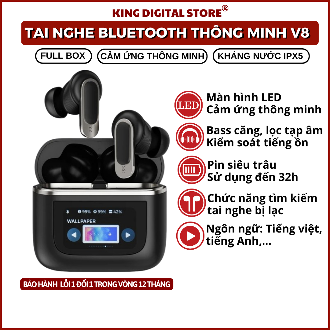  Tai Nghe Bluetooth Không Dây Chống Nước V8 Có Màn Hình Cảm Ứng Bản Nâng Cấp Có Tiếng Việt Bass Hay Cực Đỉnh Giảm Tiếng Ồn Lọc Tạp Âm Thông Minh  Định Vị GPS Dùng Cho Tất Cả Các Thiết Bị Tai nghe bloutooth tai nghe không dây 