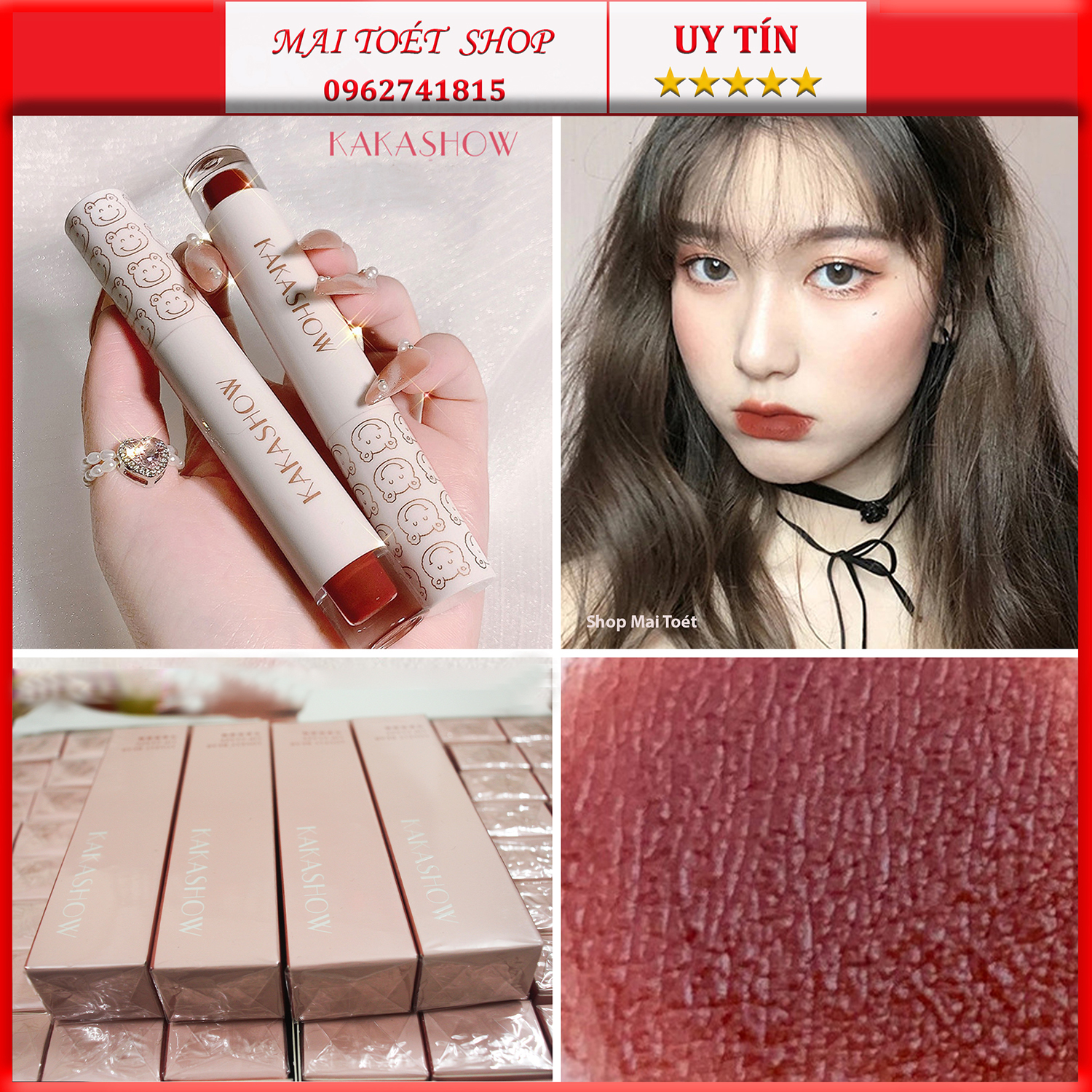(Hàng Mới Về)Son kem lì Kakashow tone màu đỏ nâu đất,Son môi mềm mịn lâu trôi chống nước