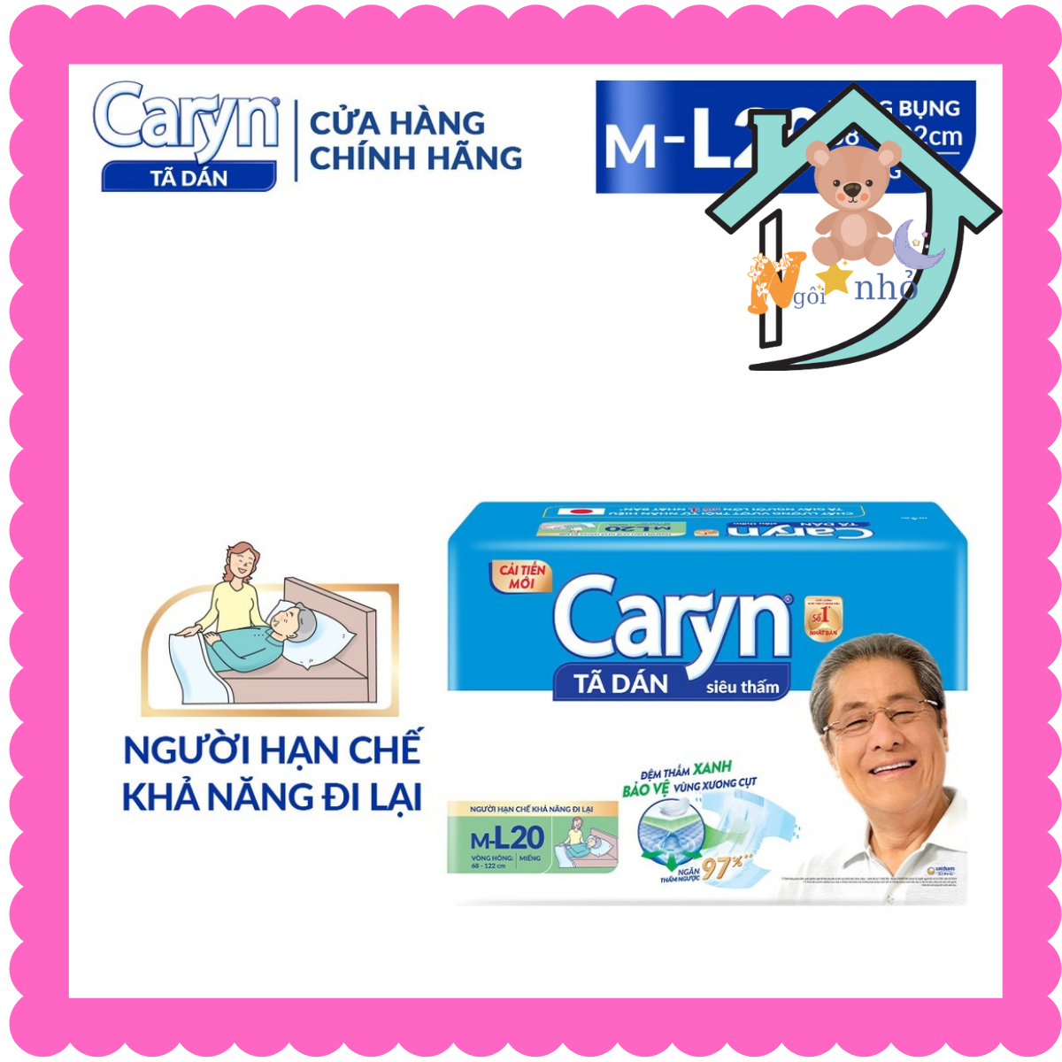 Tã bỉm dán Người lớn Caryn siêu thấm L 20 miếng vòng bụng 68-122cm,tã người già size m dành cho người hạn chế khả năng đi lại
