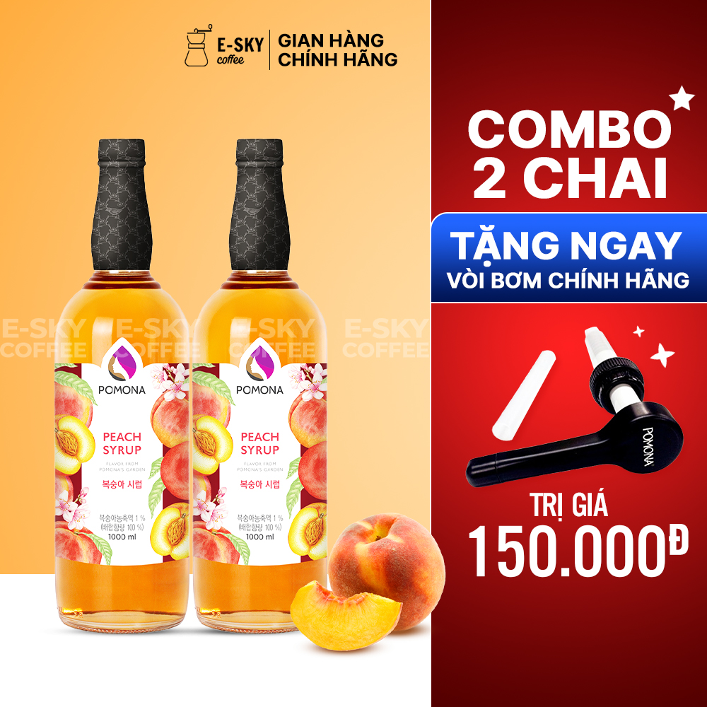Combo 2 chai Siro Đào Pomona Peach Syrup Nguyên Liệu Pha Chế Hàn Quốc Chai Thủy Tinh
