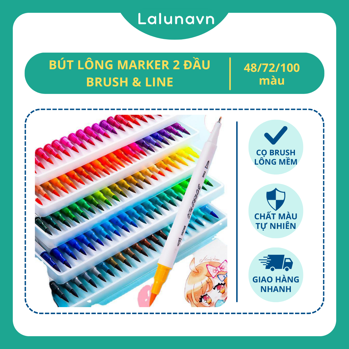 Bộ Bút lông kim 2 đầu brush dùng để vẽ, tô màu,Sketch hoặc viết calligraphy-set 48/72/100 màu Laluna