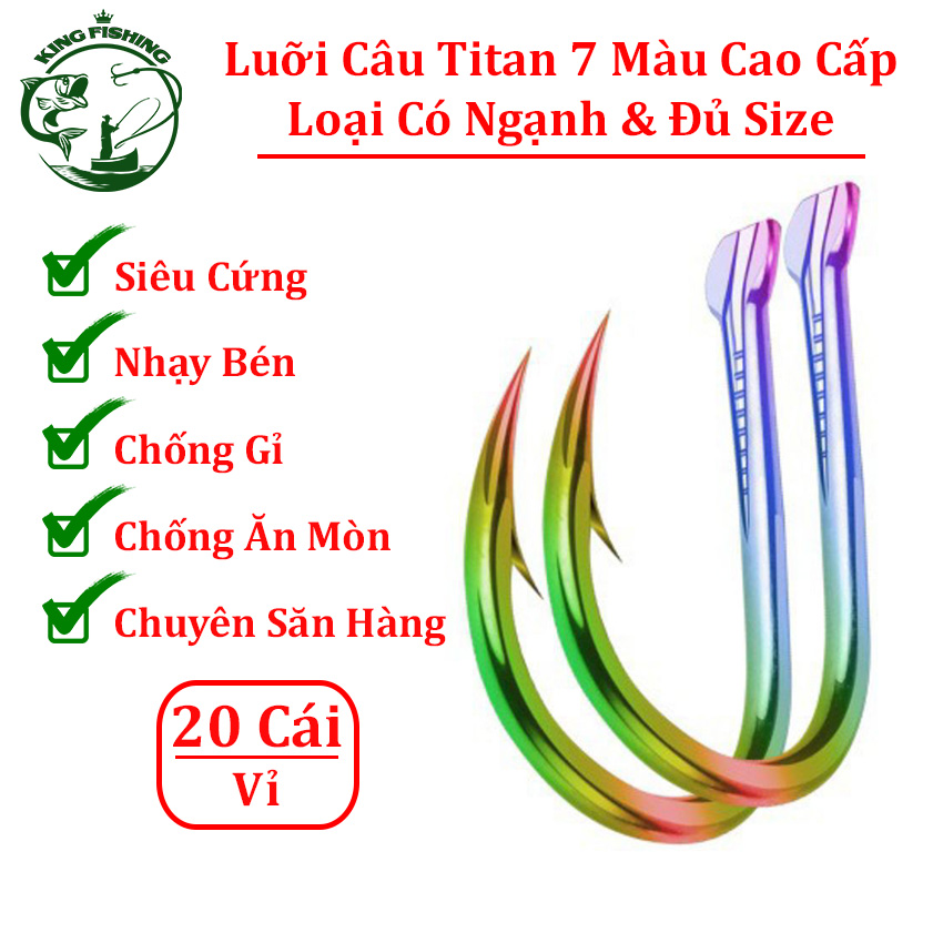 [Vỉ 20 cái] lưỡi câu cá titan 7 màu có ngạnh cao cấp chất liệu siêu cứng sắc bén chống mài mòn chuyên câu cá trắm, trôi, chép, diếc và rô phi-Kingfishing KF01