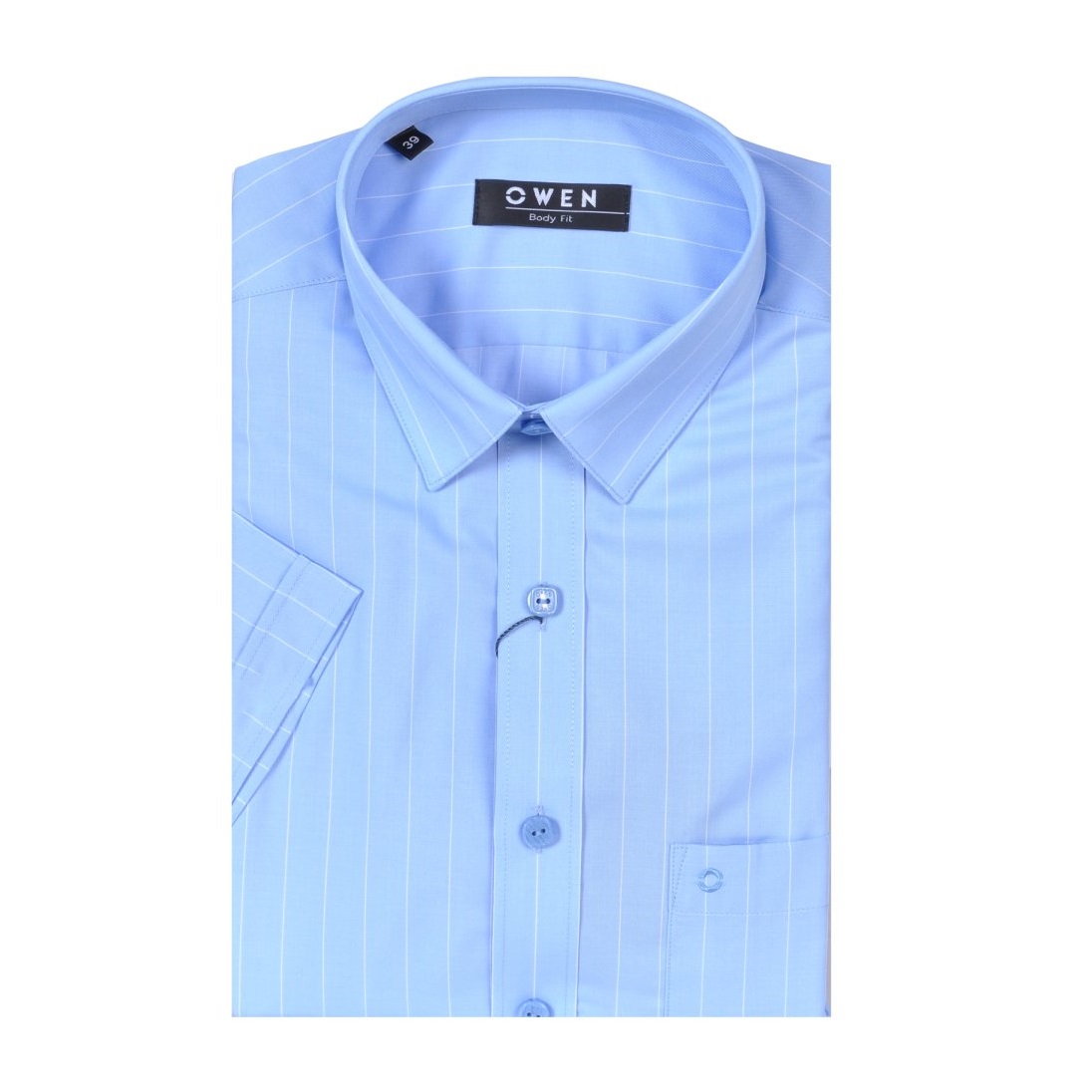 Áo sơ mi cộc tay Owen - BA20629NT dáng Body fit tà bằng Màu xanh kẻ dobby dọc trắng