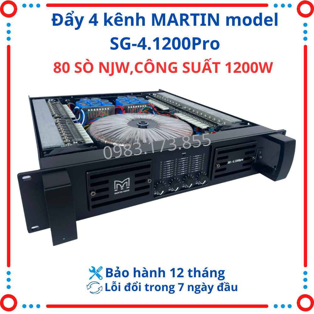 Cục đẩy công suất 4 kênh MARTIN model SG-4.1200Pro, 80 sò, nguồn 24cm, công suất 1200W/kênh , Giá ưu đãi 5500k cho khách hàng  mua sp tiên phong.