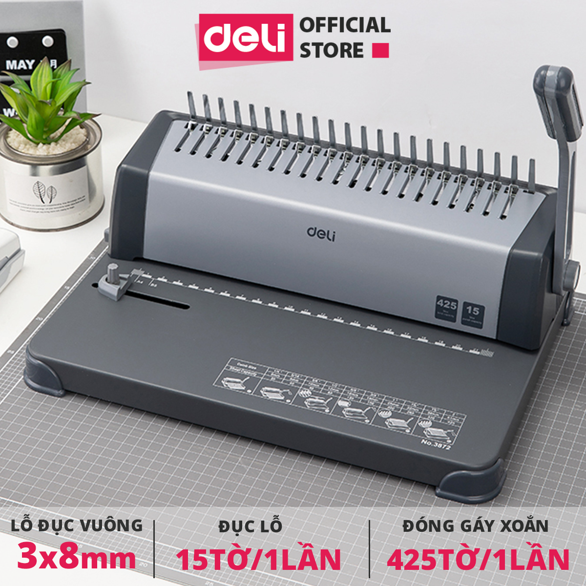 Máy Đóng Gáy Xoắn Cao Cấp Chính Hãng Deli E3872 - Thiết Kế Chuyên Dụng, Chất Lượng Cao, Đóng Gáy Chính Xác và Nhanh Chóng, Khả Năng Đóng Nhiều Trang Cùng Lúc, Dễ Dàng Sử Dụng, Phù Hợp Cho Văn Phòng Và Trường Học, Bảo Hành 12 Tháng