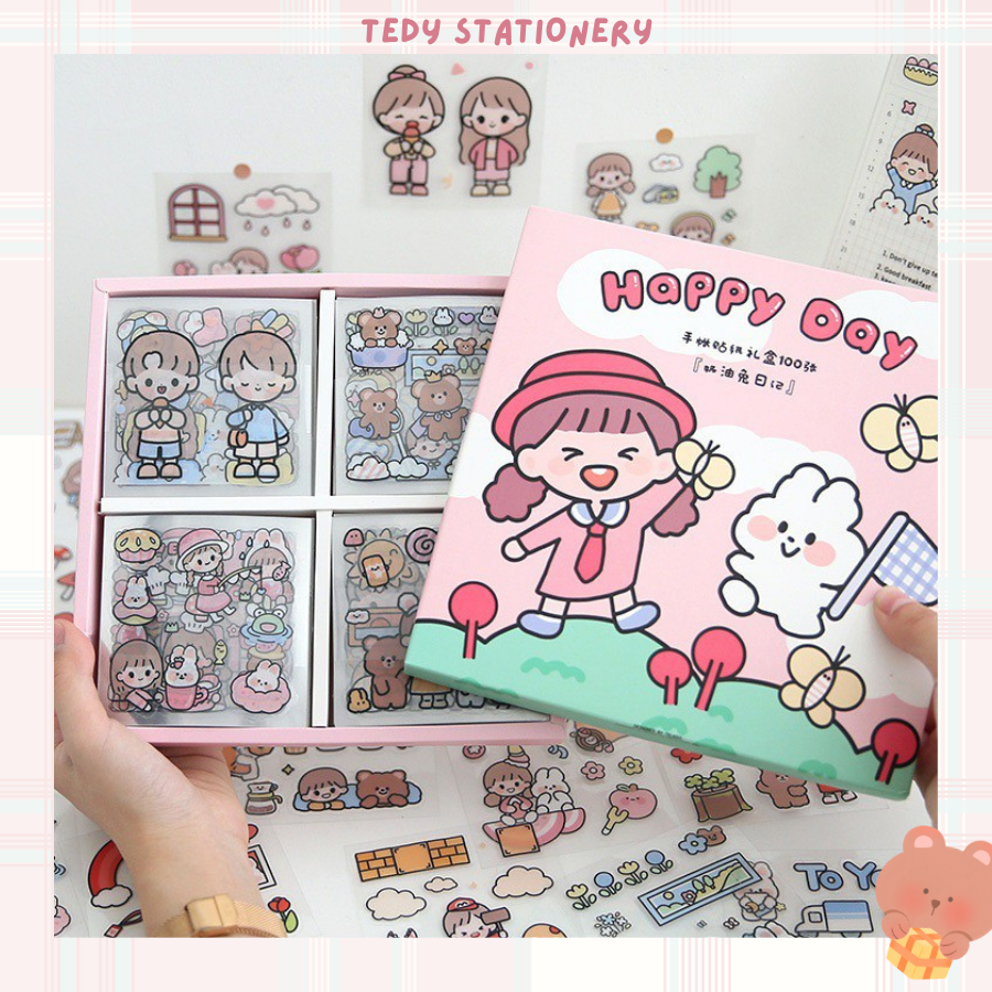 Set 10 miếng Sticker cute trang trí sổ Happy Day Telado , sticker dễ thương phong cách hàn quốc
