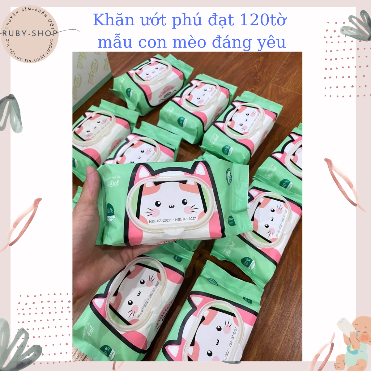 Combo 10 gói Khăn giấy ướt Phú Đạt 120 tờ MÈO DÁNG YÊU không mùi an toàn
