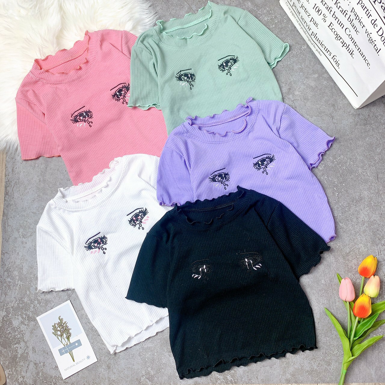 [HCM]Áo croptop nữáo croptop nữ Hàn Quốcáo thun nữ cuốn biên thêu đôi mắt cry cực xinh (ảnh thật) Women croptop shirt