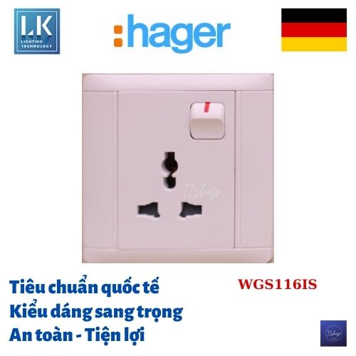 [GIÁ GỐC CHÍNH HÃNG] Ổ cắm điện 3 chấu Hager - Thương hiệu: Đức. Loại đơn 16A, có công tắc. Model: WGS116IS - Kiểu dáng sang trọng, An toàn khi sử dụng. LK Lighting Technology độc quyền phân phối.