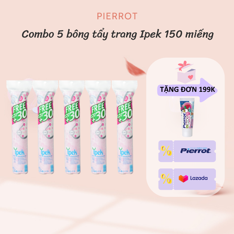 Combo 5 bông tẩy trang ipek 150 miếng siêu mềm mịn 100% cotton