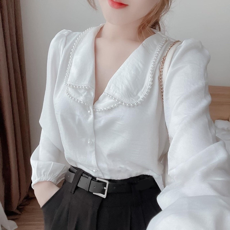 Áo sơ mi lụa tằm chạy dây ngọc hàng mới
